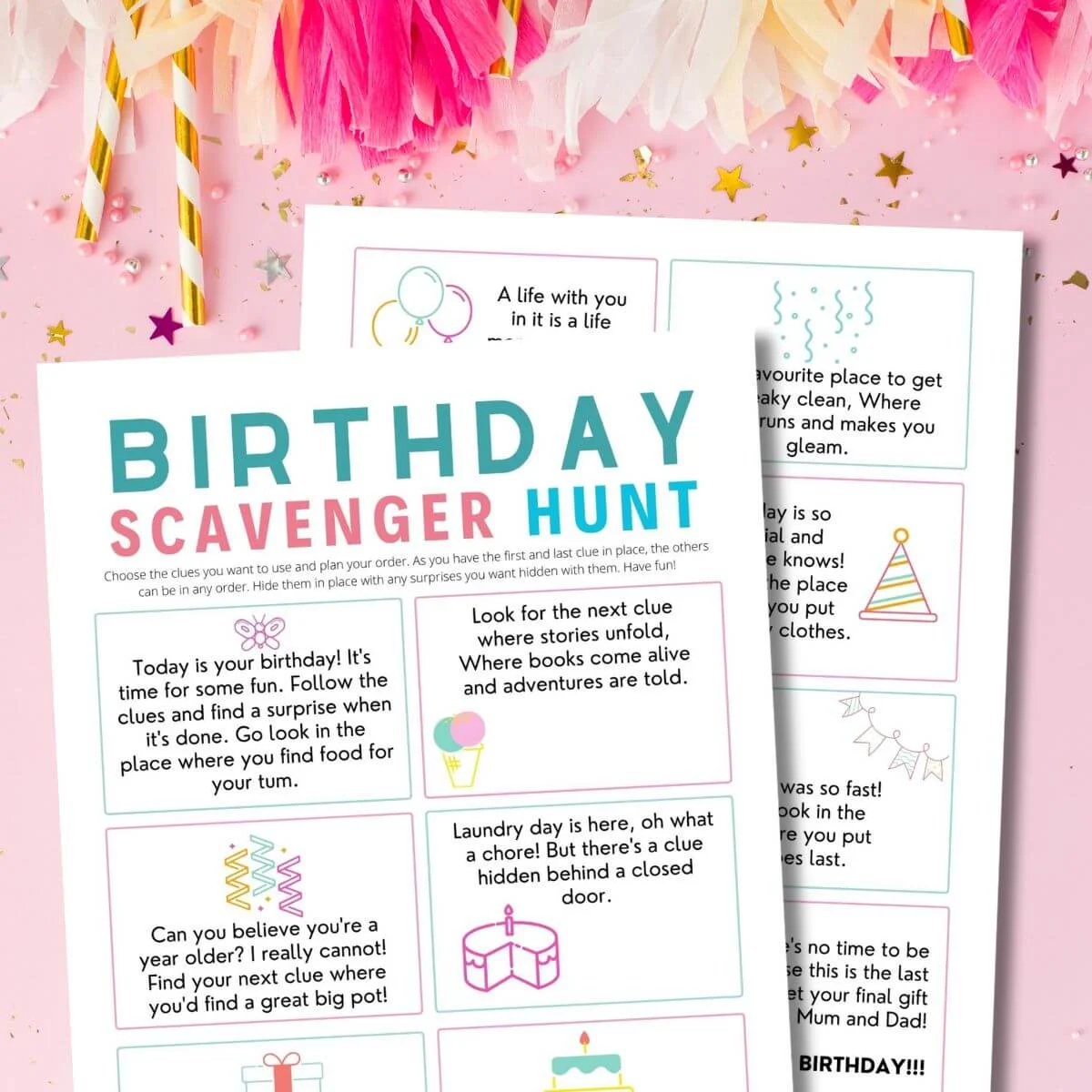 Printable birthday scavenger hunt clues.