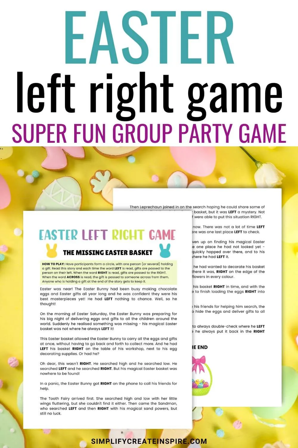 Pinterest image with text reading: easter left right game super fun group party game.