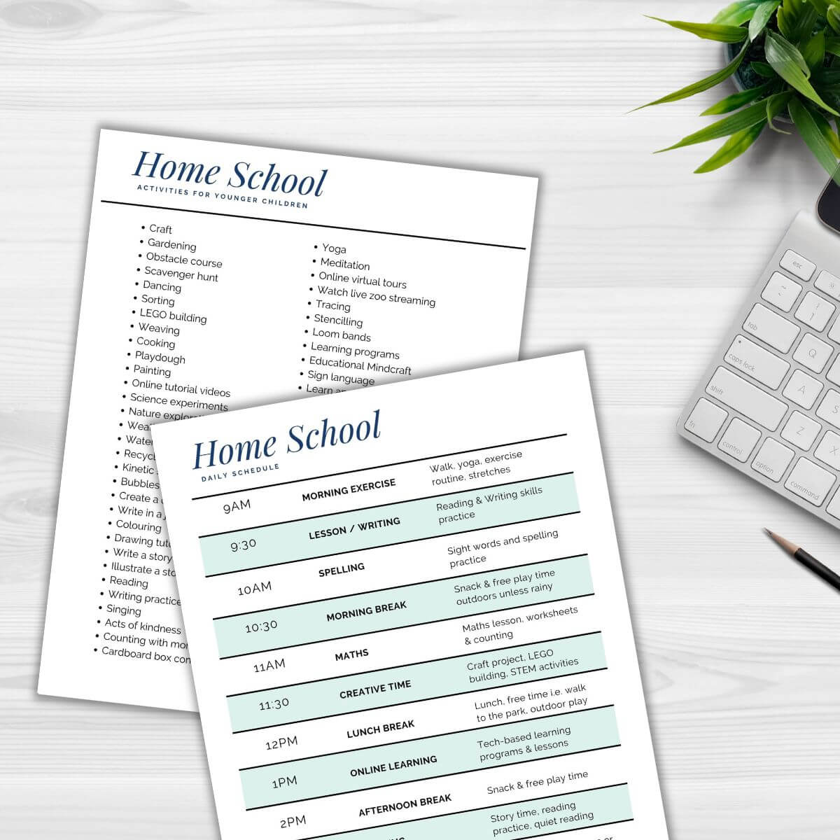 Printable home school schedule and activities.