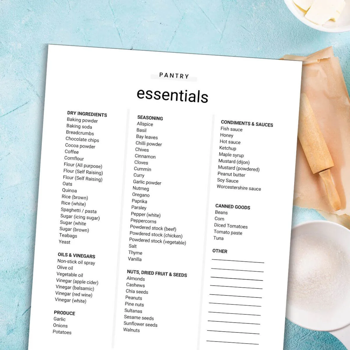 Printable pantry essentials inventory list.