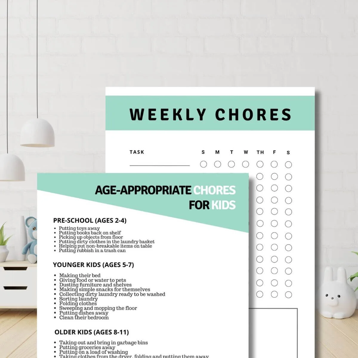Printable chores list and chore chart for kids.