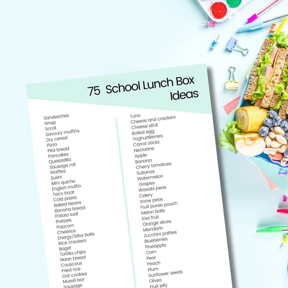 Free printable lunch box ideas list.