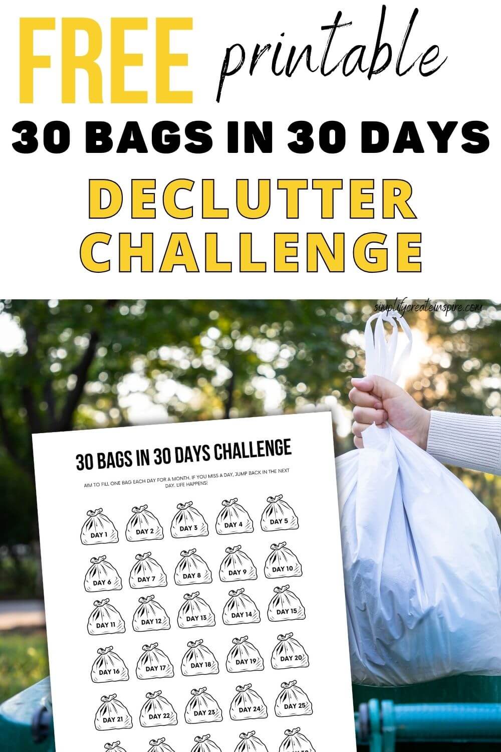 Pinterest image -30 bags in 30 days declutter challenge free printable.