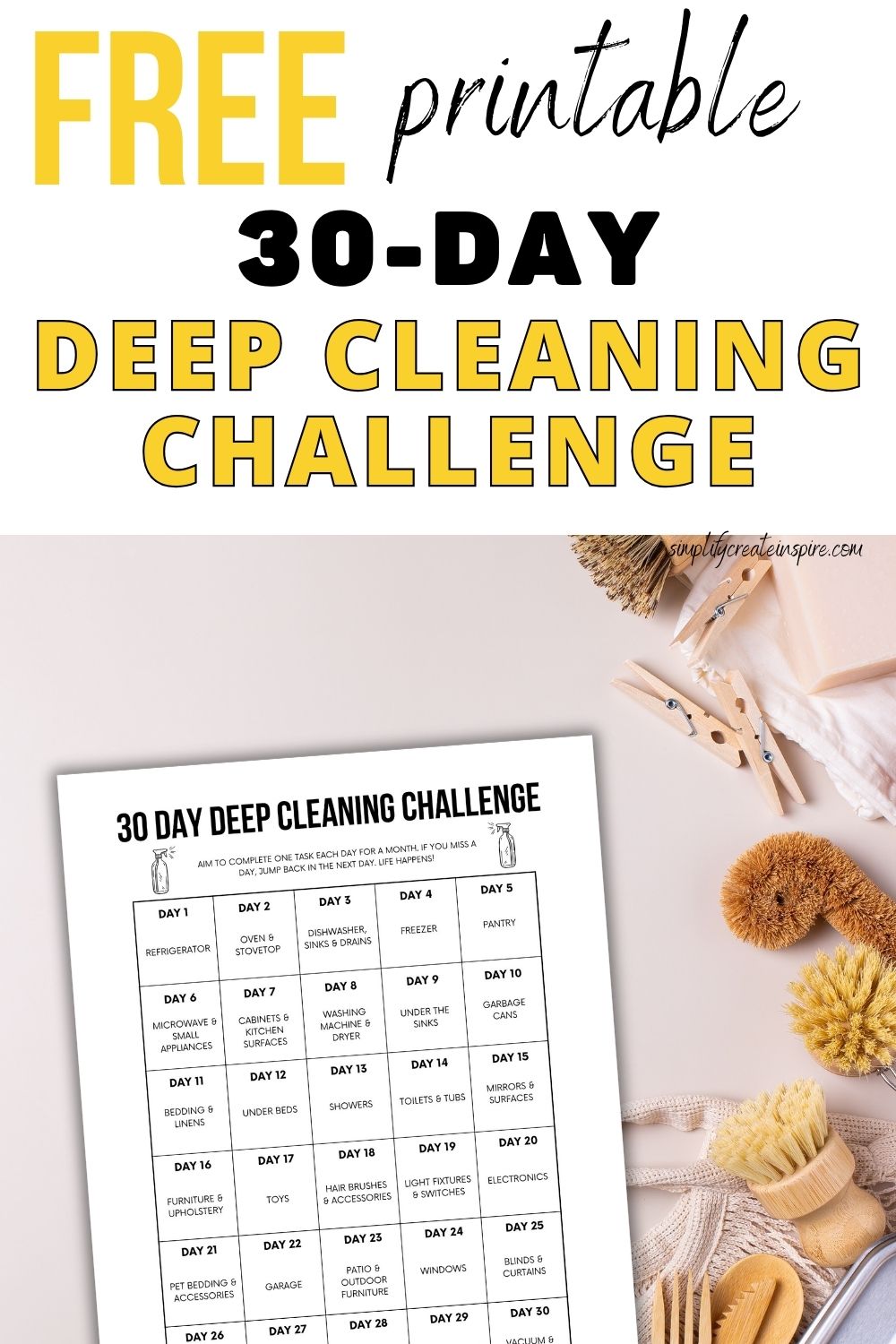 Free printable 30-day deep cleaning challenge pinterest image.