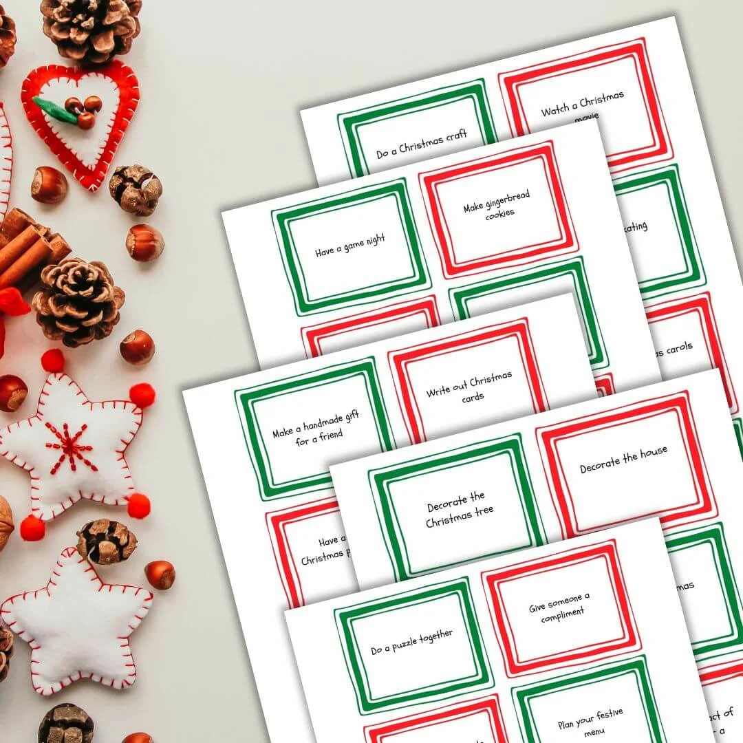 Free printable christmas advent activity cards with christmas decorations.