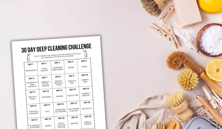 Printable 30 day deep cleaning challenge sitting next to a pile of cleaning supplies.