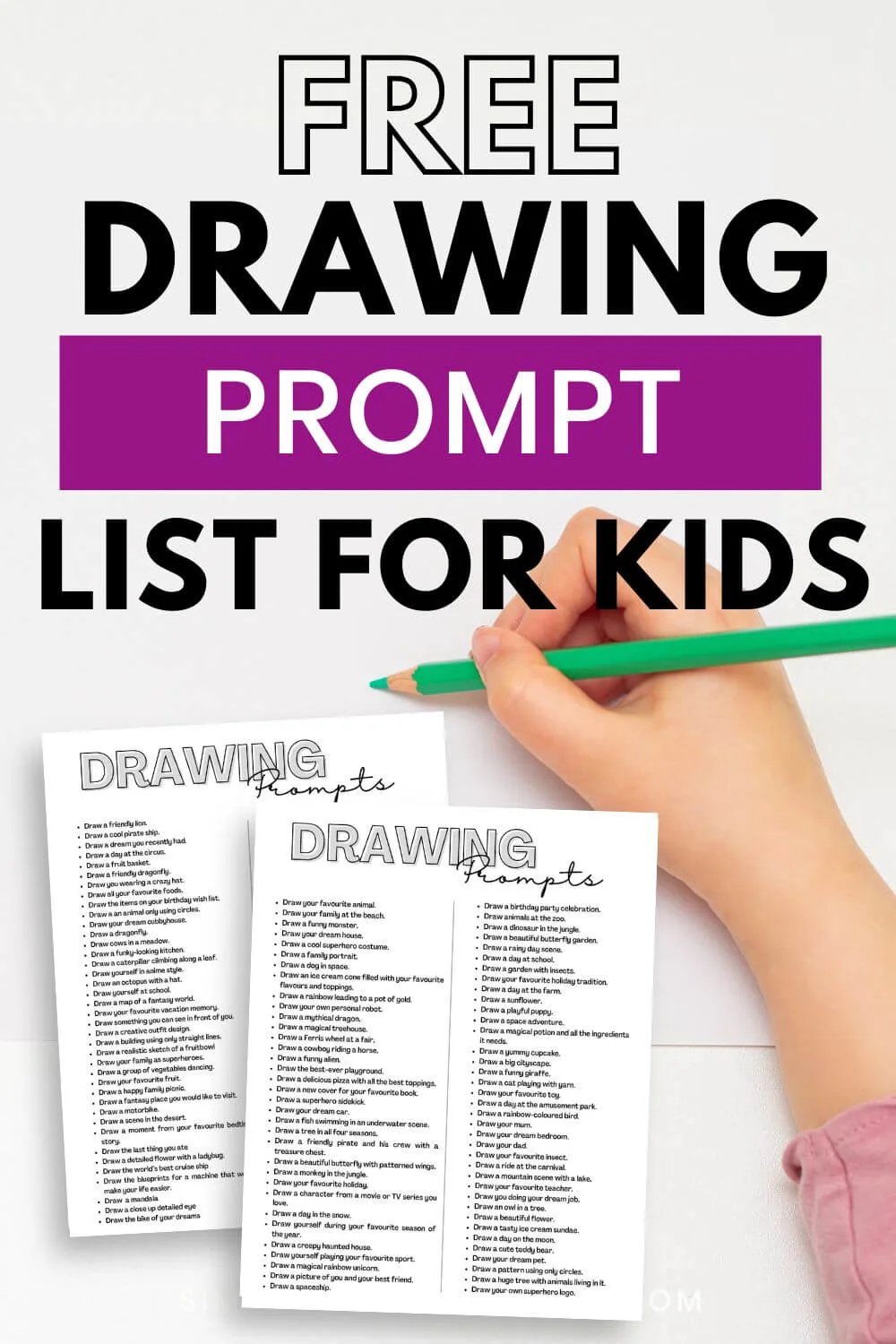Free drawing prompt list for kids pinterest image.