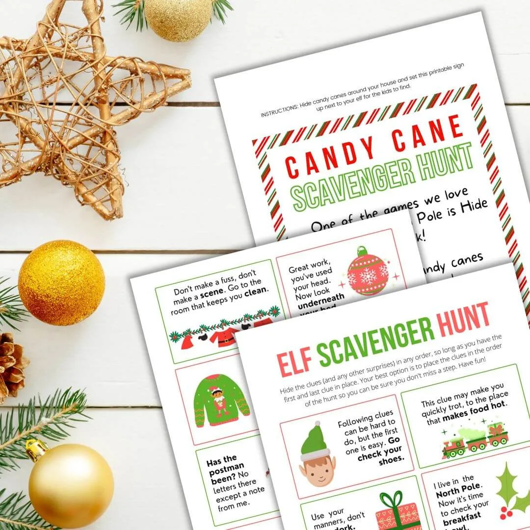 Free printable elf on the shelf scavenger hunt and candy cane hunt printables on a wood background with christmas decorations.
