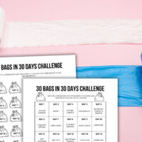 two 30 bags in 30 days challenge printables on pink background with rolls of garbage bags.