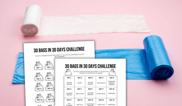 Two 30 bags in 30 days challenge printables on pink background with rolls of garbage bags.
