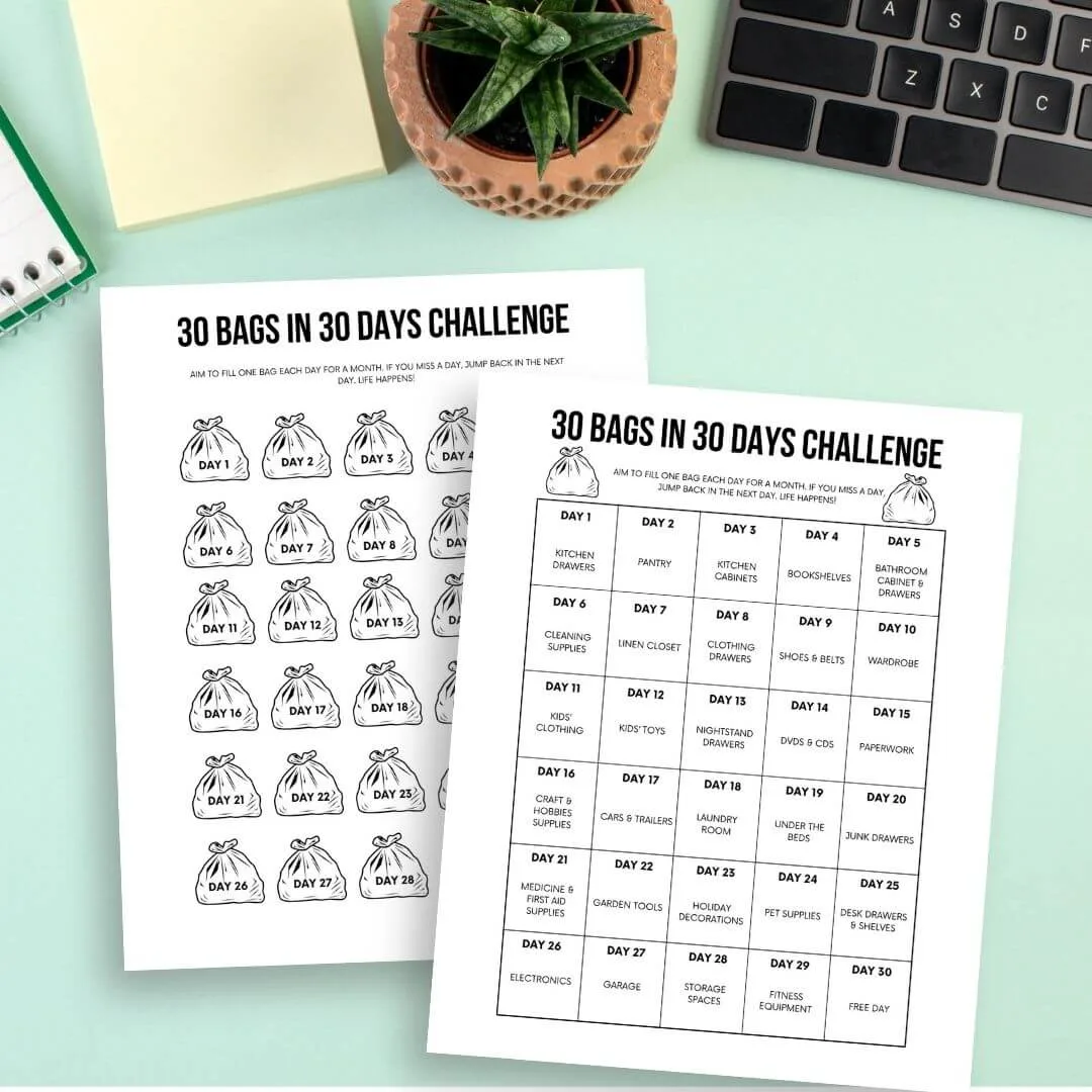 Free printable 30 bags in 30 days declutter challenge pdf on green desk with keyboard and plant.