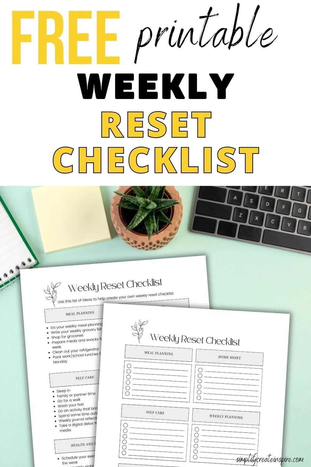 Pinterest image free printable sunday reset checklist.