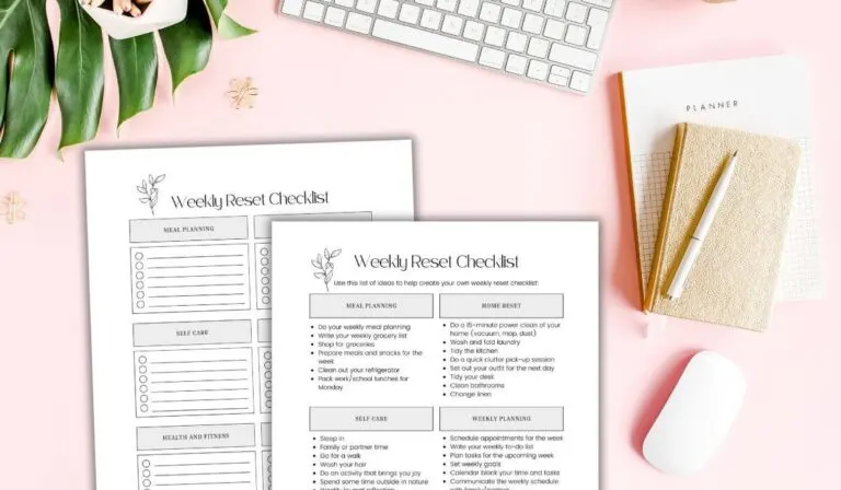 Sunday reset routine checklist and weekly reset ideas printables on pink background with desk items and folliage.