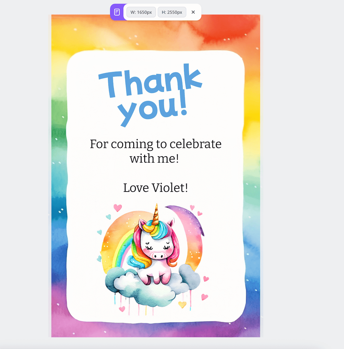 thank you card with unicorn.