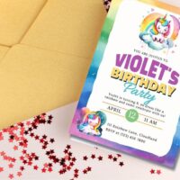 birthday party invitation on a table with confetti and an envelope.