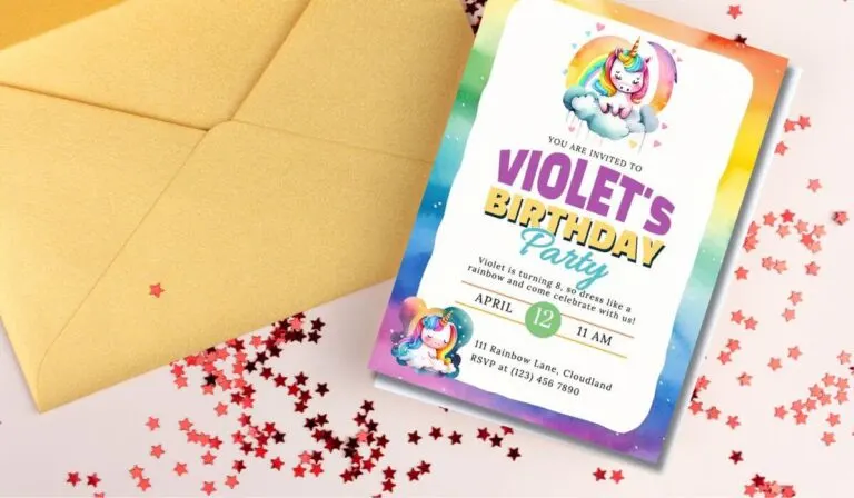 Birthday party invitation on a table with confetti and an envelope.