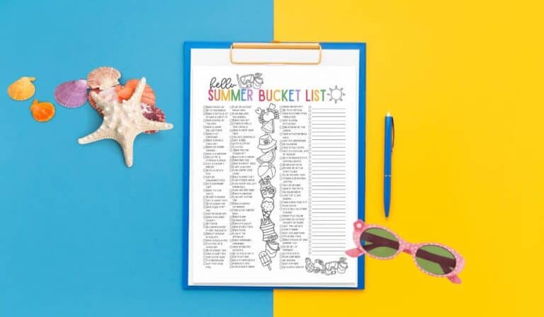 free printable summer bucket list on yellow and blue background with a clipboard, sunglasses and shells.