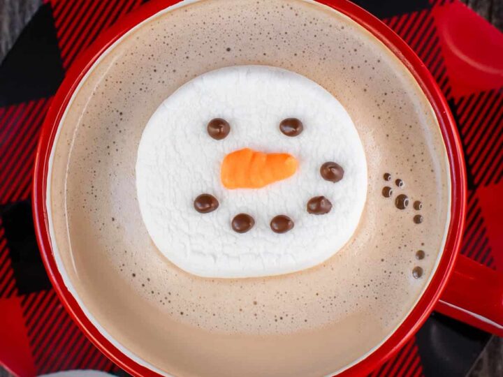 snowmen marshmallow toppers in hot chocolate.