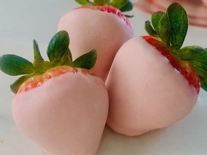 pink chocolate coated strawberries.