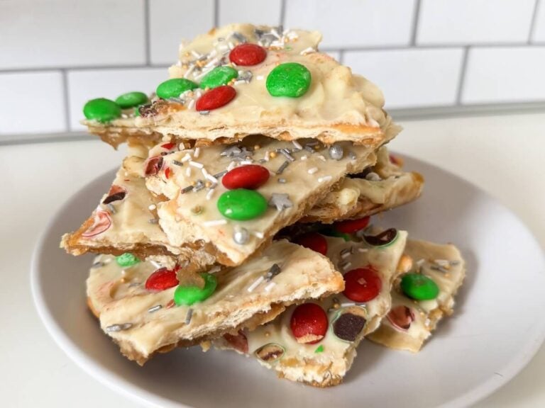 White chocolate christmas crack with red and green m&ms.