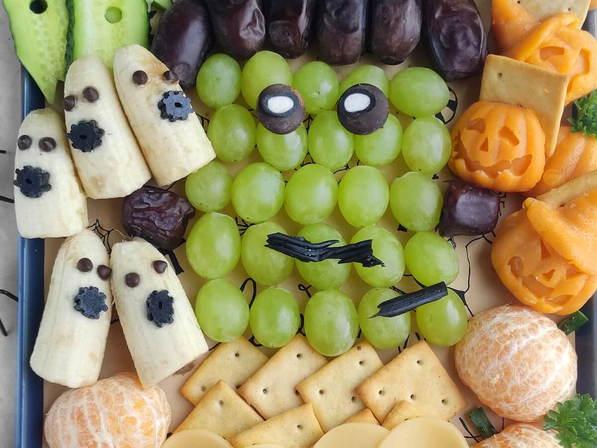 frankenstein charcuterie board close up.