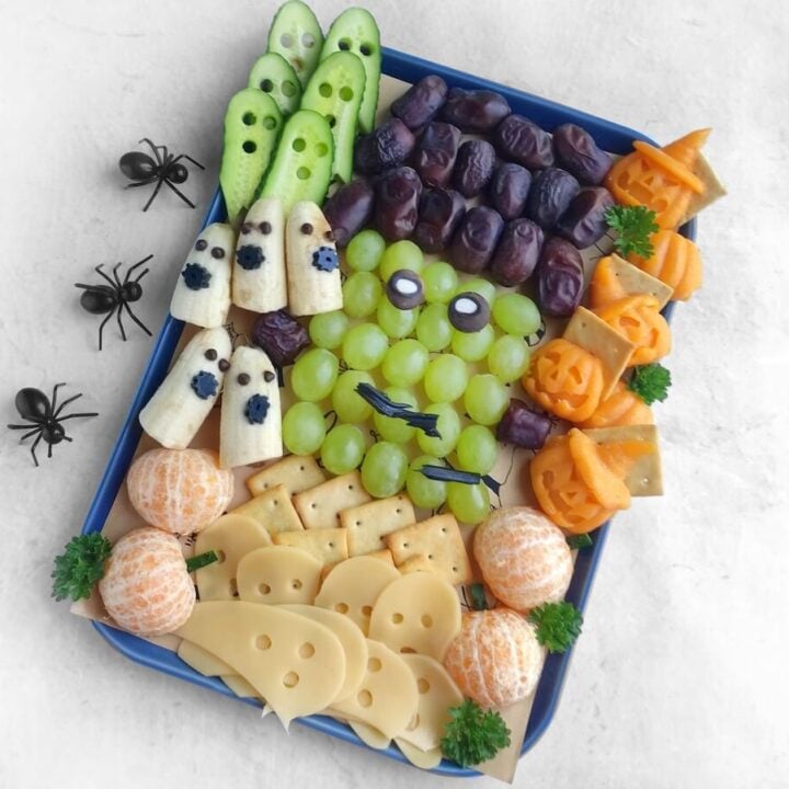 frankenstein charcuterie board on white background.