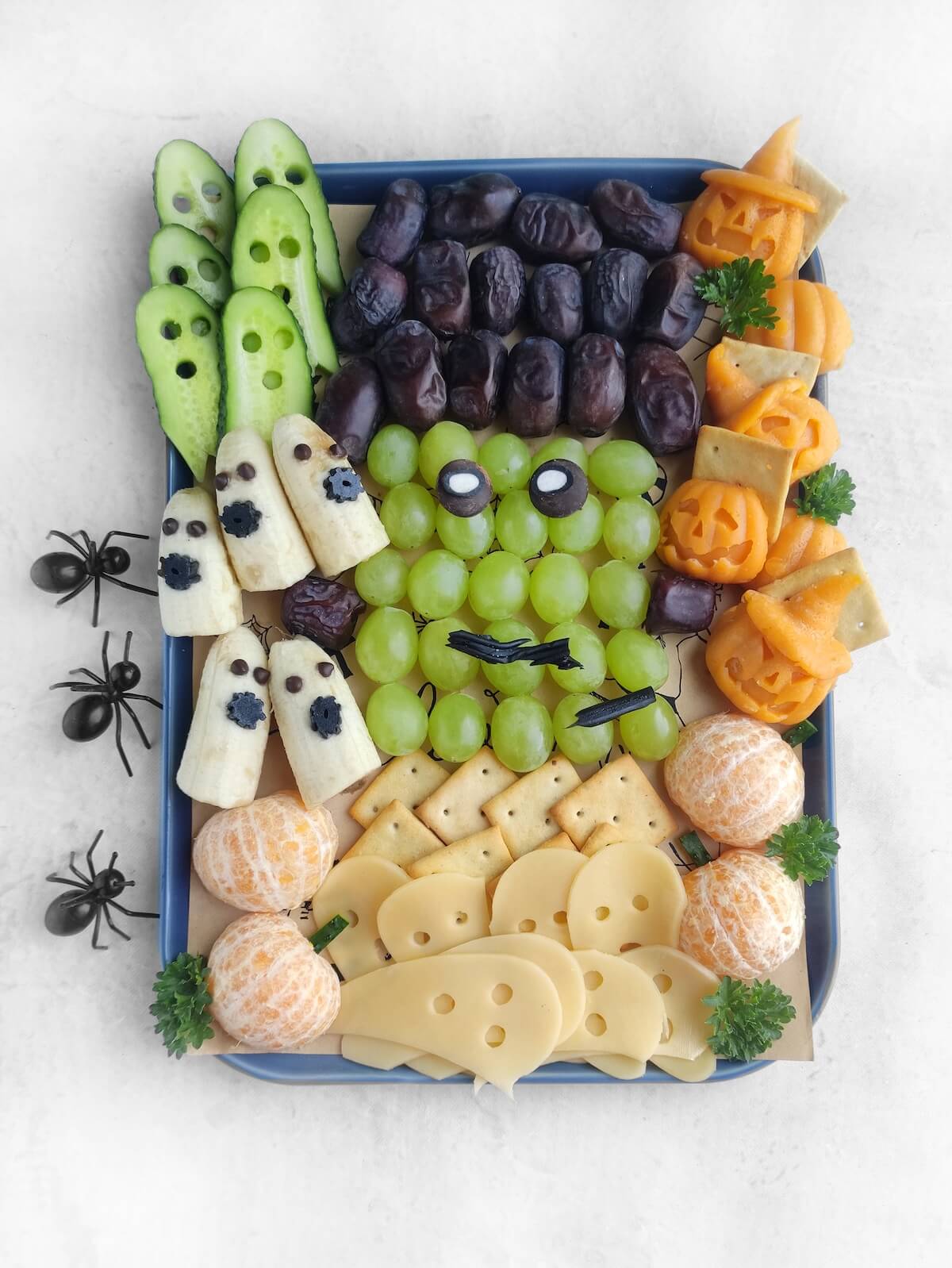 frankenstein charcuterie board on white background.