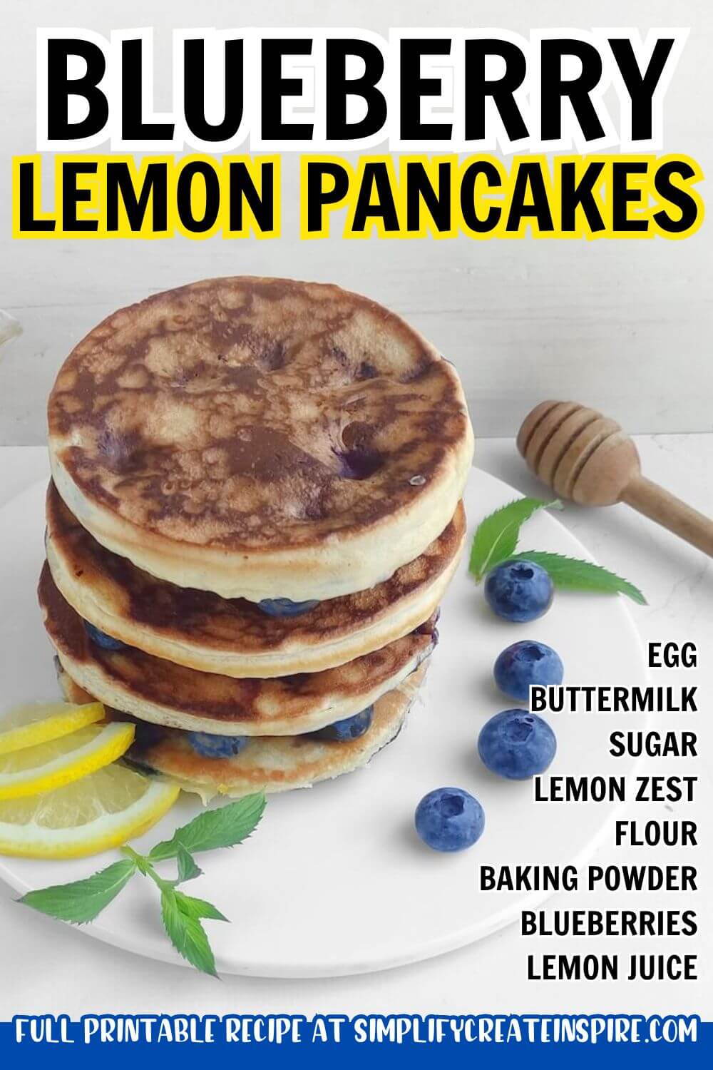 stack of blueberry lemon pancakes on white plate.