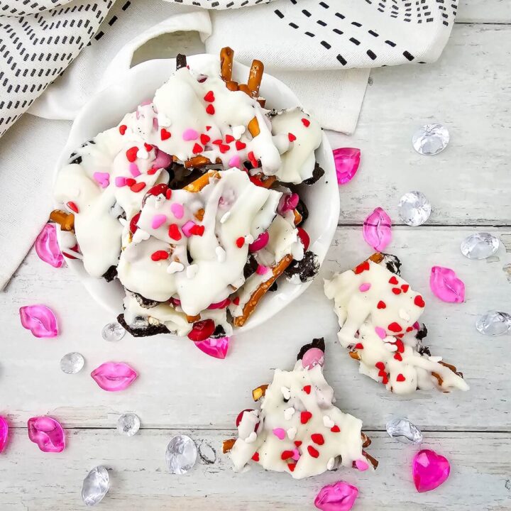 Valentine’s Day Chocolate Bark in a bowl.