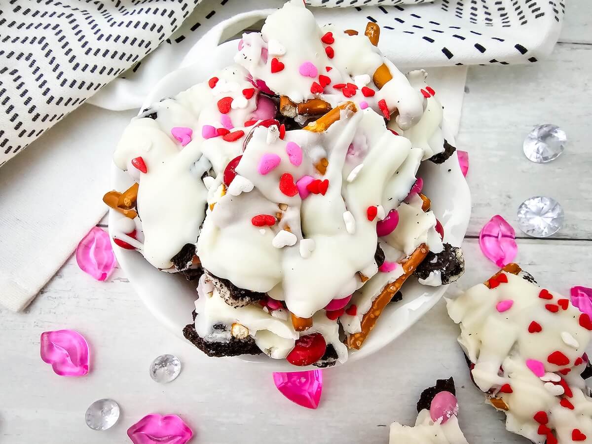 Valentine’s Day Chocolate Bark in a bowl.