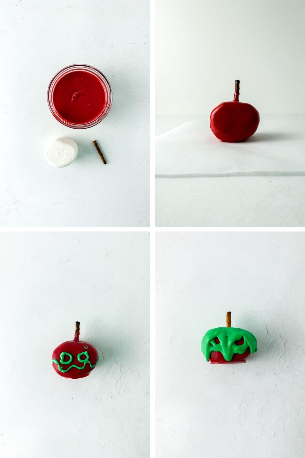 Poison Apple Marshmallow Halloween Treats 3 poison apple treats progress steps.
