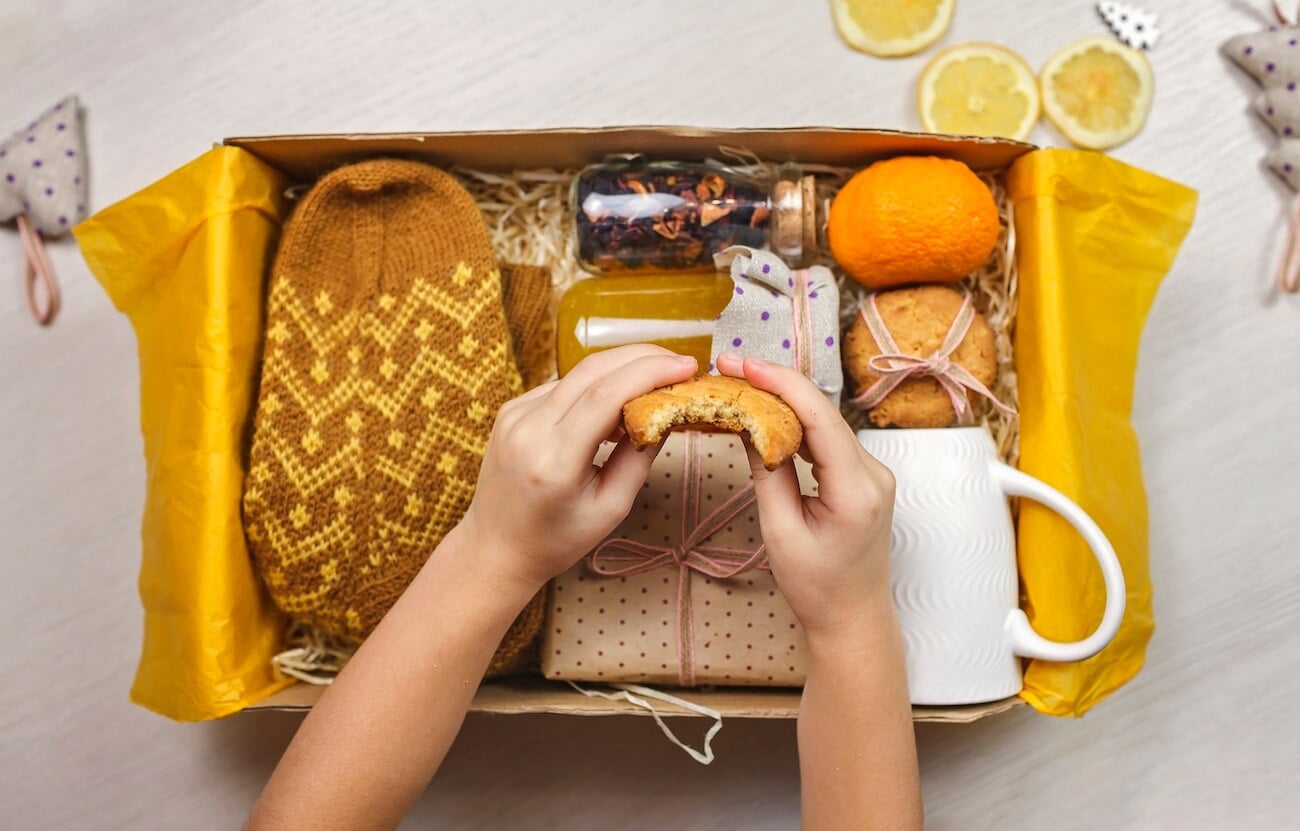 self care gift basket with food items.